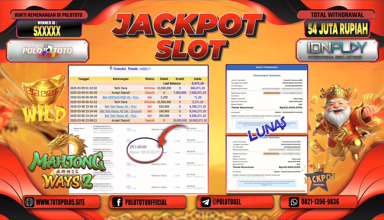 POLOTOTO JACKPOT SLOT MAHJONG WAYS 2 Rp.54.550.000,-