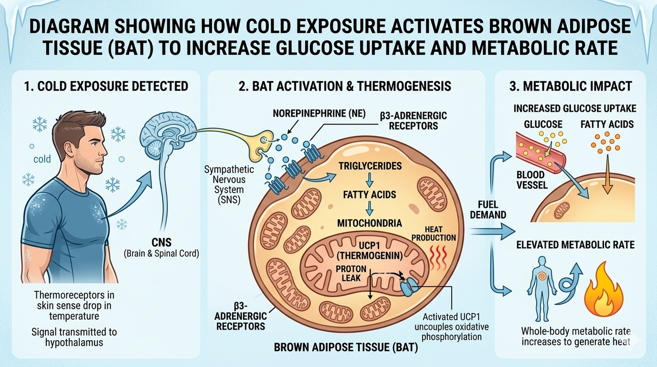 Diagram showing how cold exposure activates brown adipose tissue to increase glucose uptake and metabolic rate with thermogenesis pathway