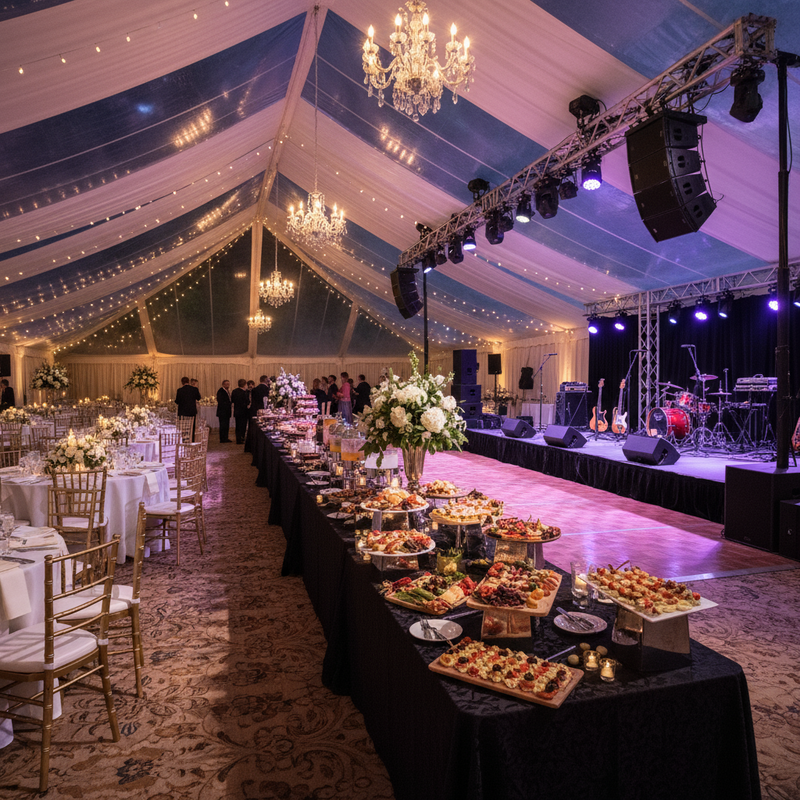 Внутреннее пространство шатра с зонированием — банкетная зона с круглыми столами слева, фуршетная линия в центре, сцена с подсветкой справа.