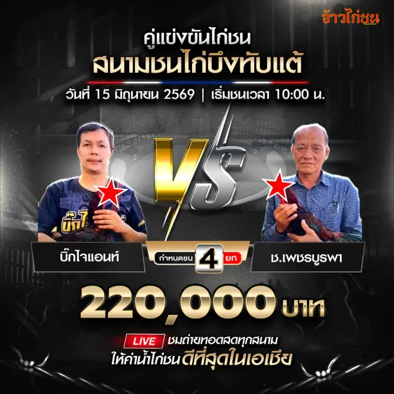 ซุปเปอร์แชมป์ vs ช.เพชรบูรพา สนามชนไก่บึงทับแต้ 15 มิถุนายน 2026