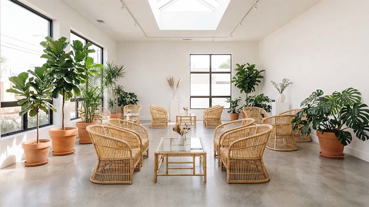 Легкая плетеная мебель из ротанга в интерьере светлого зала