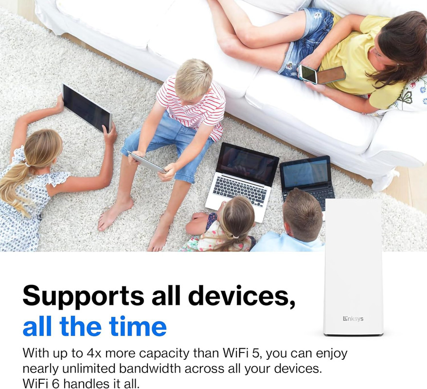 Un nodo Linksys Velop en una sala de estar, simbolizando una red doméstica inteligente.