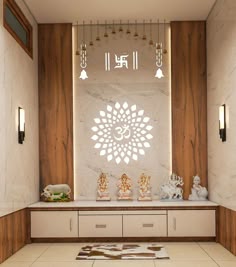 Spacious pooja mandir featuring brass idols and decorative floral arrangements