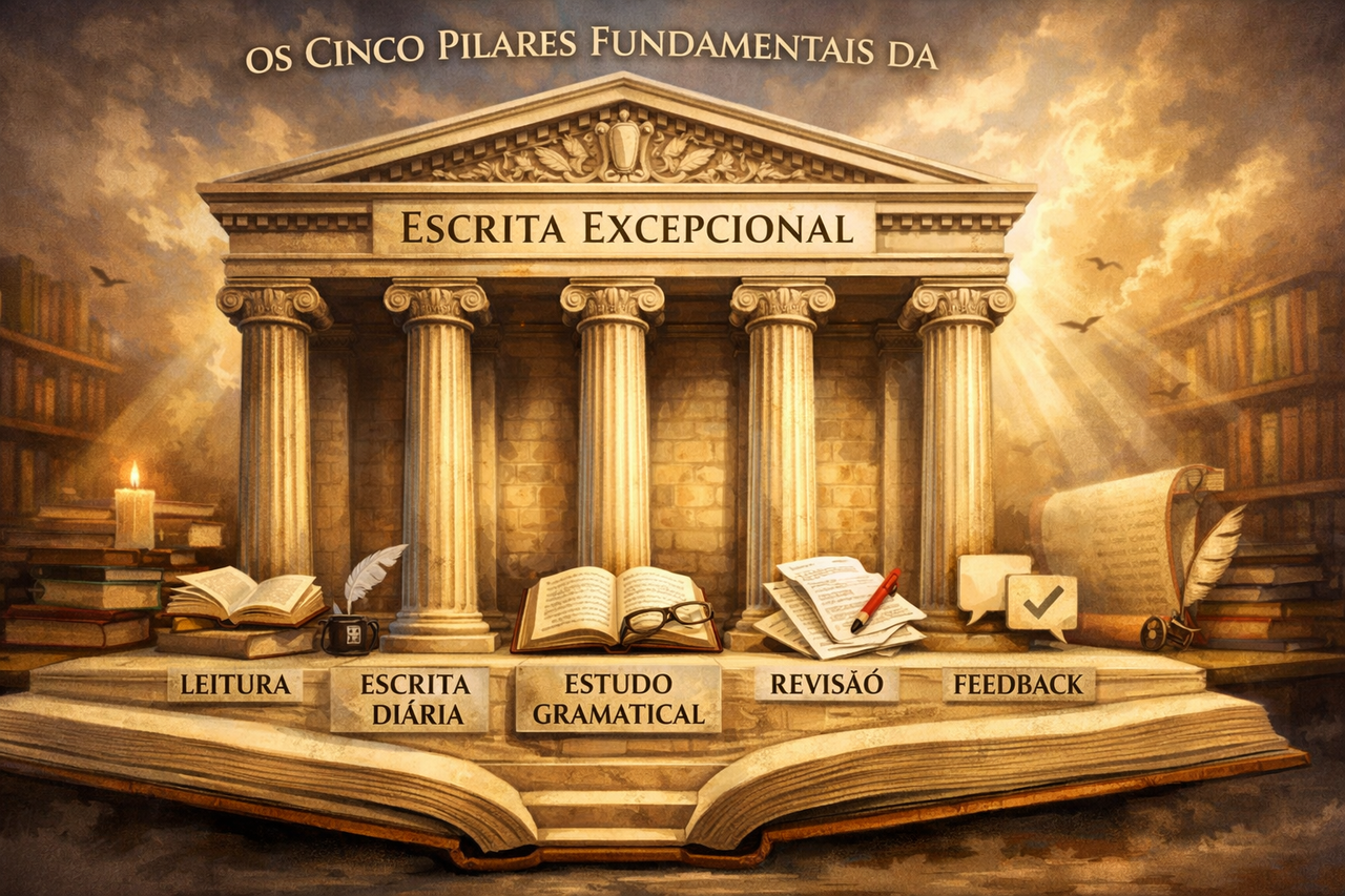 Templo grego majestoso sustentado pelos cinco pilares da escrita excepcional: Leitura, Escrita Diária, Estudo Gramatical, Revisão e Feedback