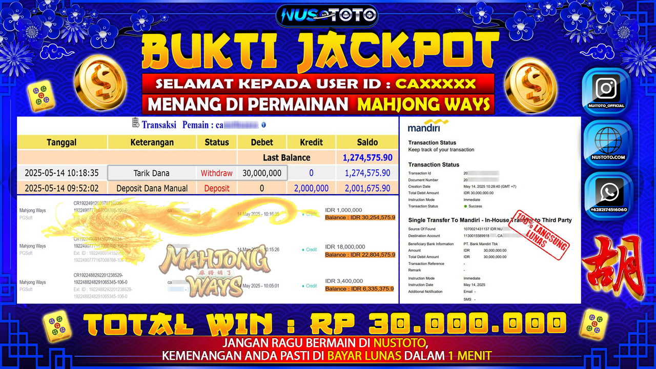JACKPOT !! MENANG BESAR DI MAHJONG WAYS Rp. 10.000.000 LANGSUNG DI BAYAR LUNAS NUSTOTO !!