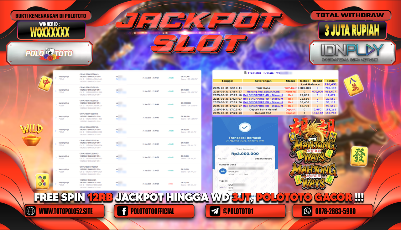 POLOTOTO JACKPOT SLOT MAHJONG WAYS Rp.3.000.000,-
