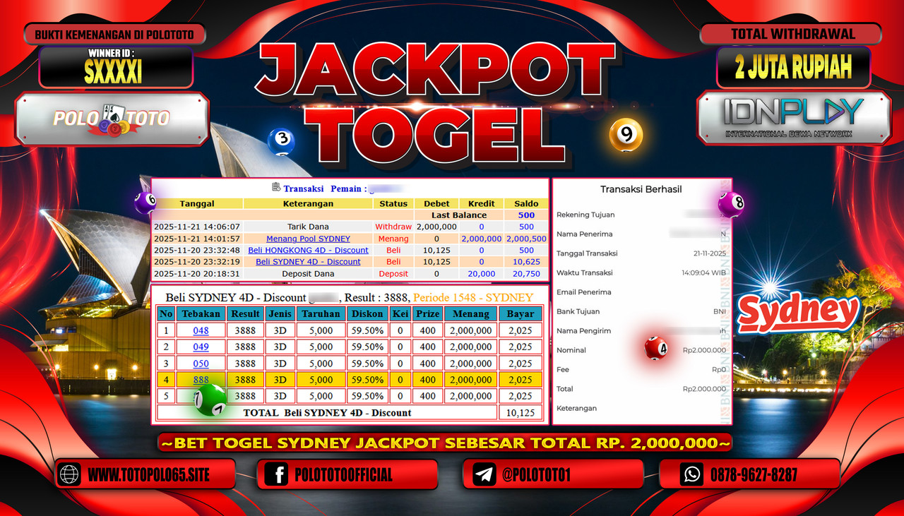 POLOTOTO JACKPOT TOGEL MENANG POOL SYDNEY Rp.2.000.000,- LUNAS