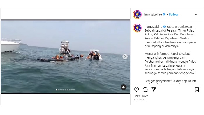 Sebuah kapal dilaporkan tenggelam di Pulau Pari, Kepulauan Seribu pada Sabtu (3/6/2023) lalu. Kapal yang tenggelam mengangkut 55 orang penumpang. Beruntung, seluruh penumpang dilaporkan terevakuasi dengan selamat.