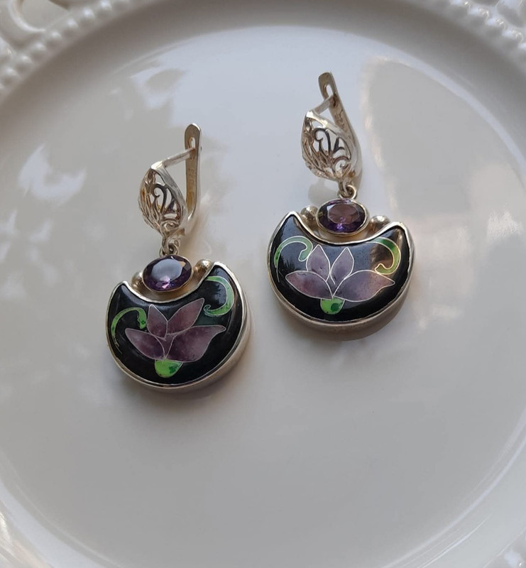 Minankari Earrings Violet Lily, Handmade Sterling Silver with Zircons, from Tbilisi - handmade cloisonne enamel