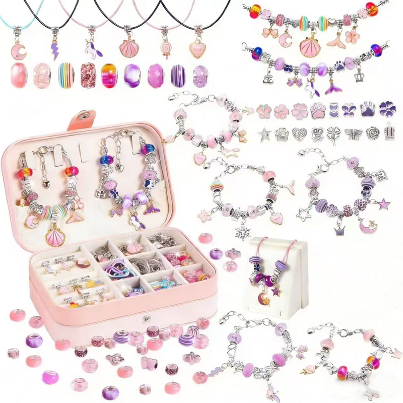 134-Piece Purple pink Craft Set (Includes Beads, Charms, and Storage Case) -Unicorn DIY Bracelet Kit – Creative Jewelry Making Gift for Girls Ages 3+