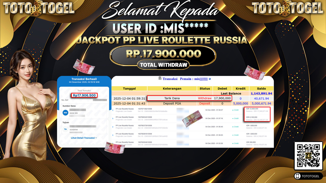 Bukti Pembayaran Jackpot Permainan Pragmatic Live PP Live Roulette Russia ID:MIS***** LUNAS