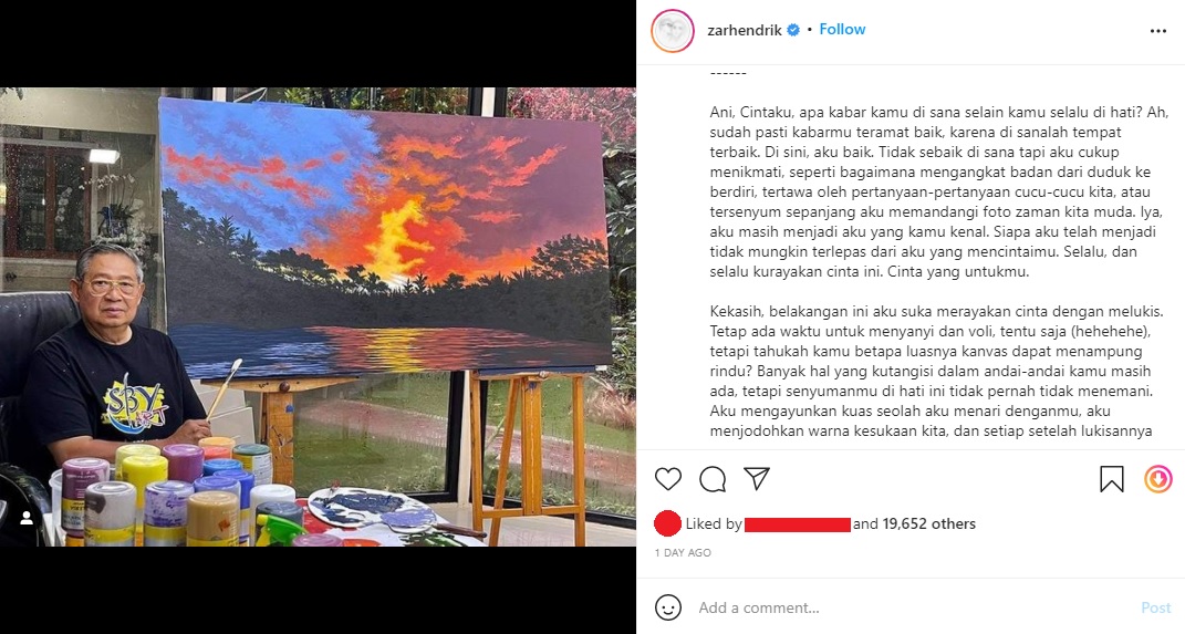 Postingan Zarry Hendrik di Instagram yang menerjemahkan lukisan SBY ke dalam rangkaian kata rindu.