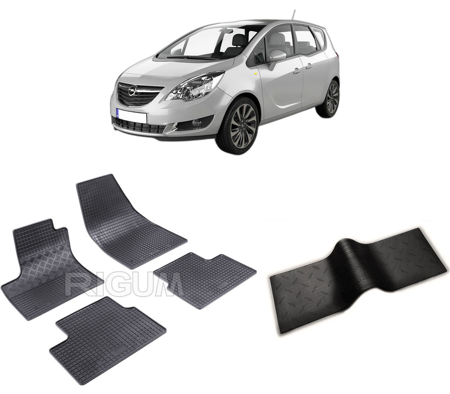 Set covorase auto OPEL MERIVA B din 03.2010-06.2017, cu covoras tunel median, CAROSERIE VAN, Presuri cauciuc 100%, compatibil cu autoturismul OPEL MERIVA B, Rigum