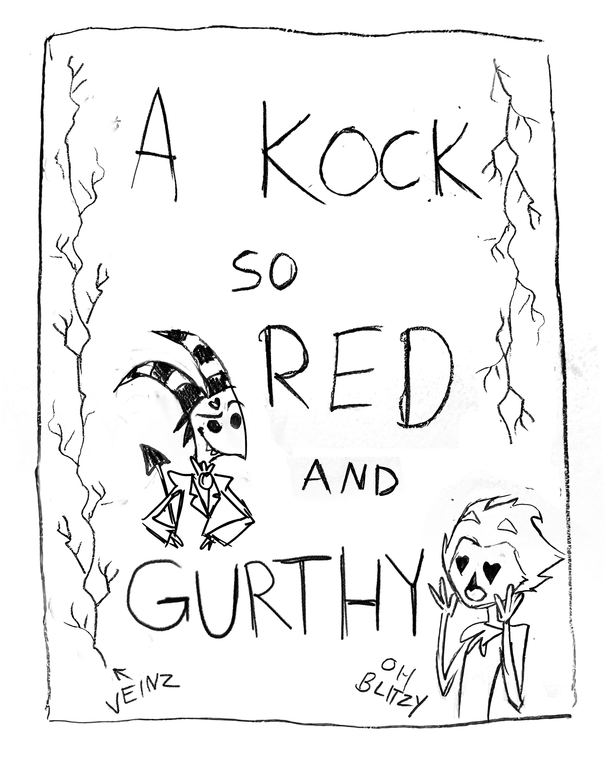 Blitz's drawing of a book with the misspelled title A Cock So Red and Girthy and little drawings of himself and Stolas on the cover