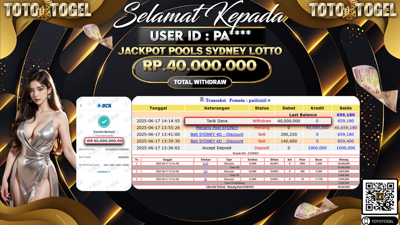 Bukti Pembayaran Jackpot Permainan Togel Pools Sydney Lotto ID:PA***** LUNAS