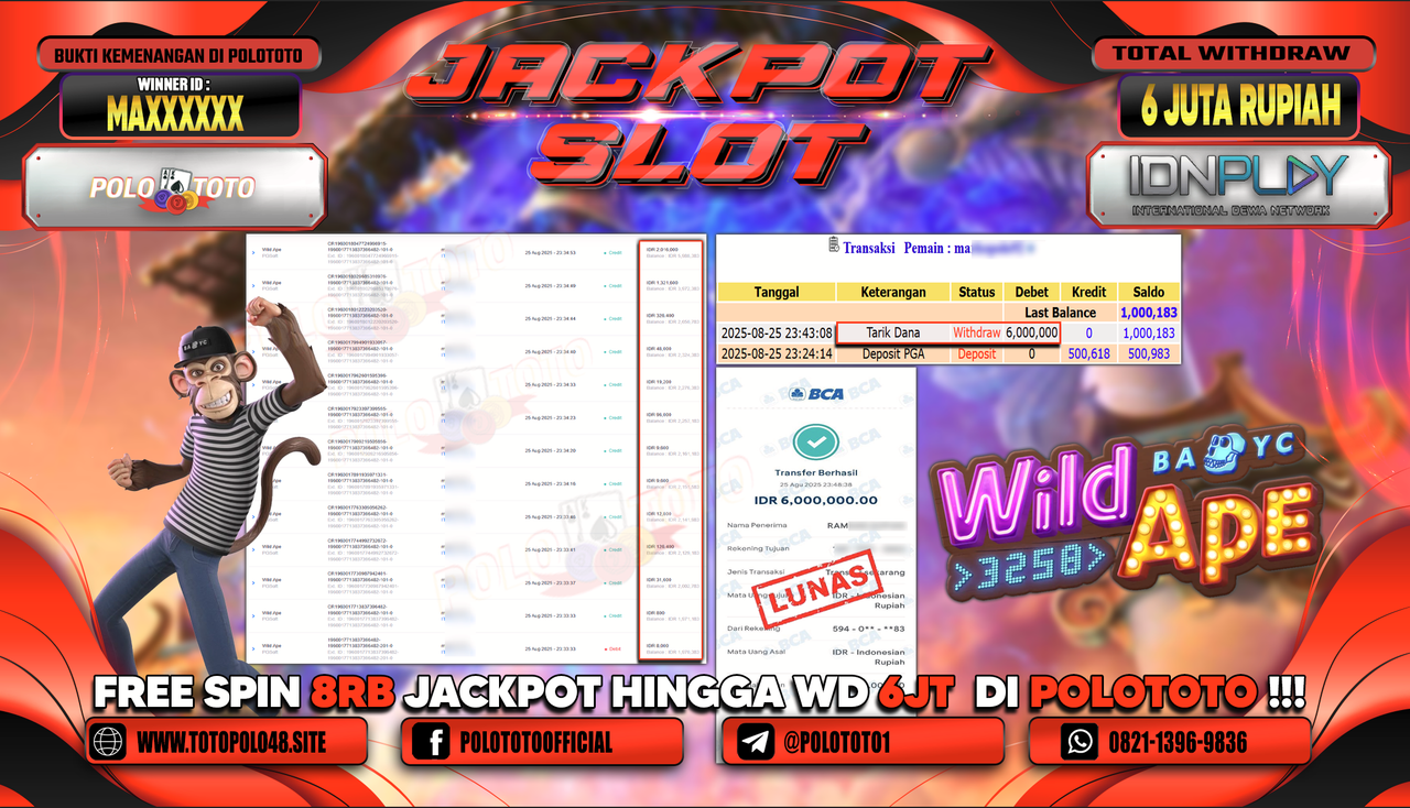POLOTOTO JACKPOT SLOT WILD APE Rp.6.000.000,-