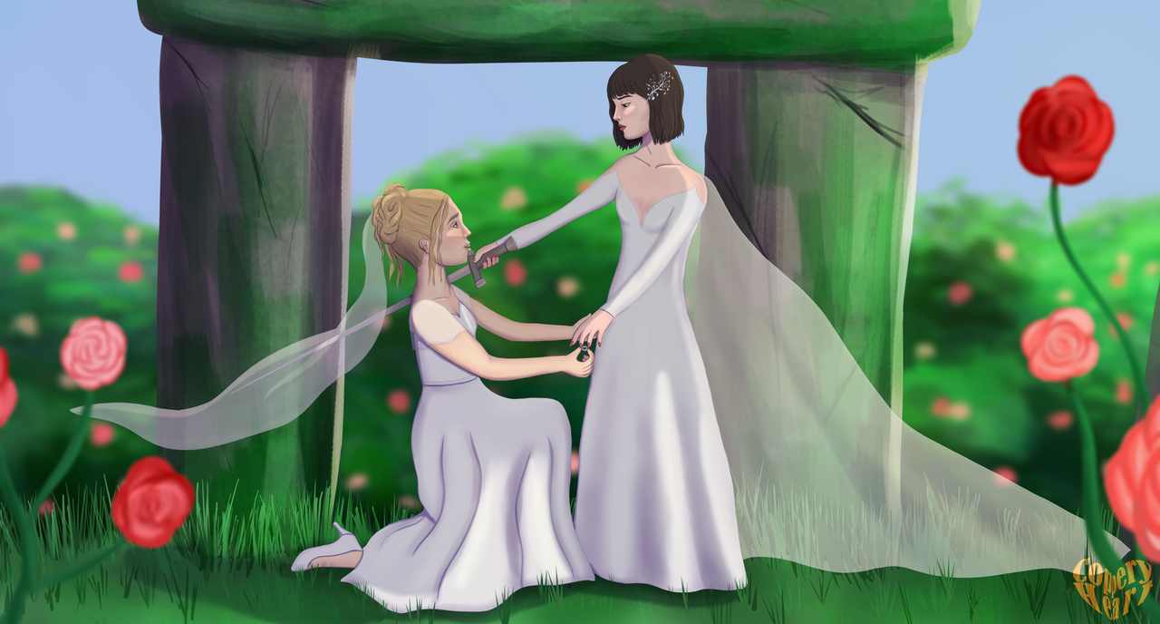 Digital art of Pansy and Hannah in wedding dresses. Hannah kneels ready to put a ring on Pansy's finger and Pansy looks down at her with a slight smile, a sword on Hannah's shoulder as if to knight her. They are in front of an old stone structure and surrounded by green rose bushes.