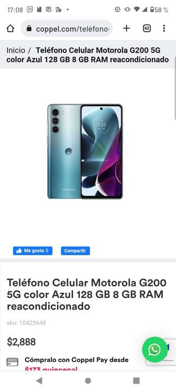 Coppel: Celular Motorola Moto G200 reacondicionado 8/128 GB