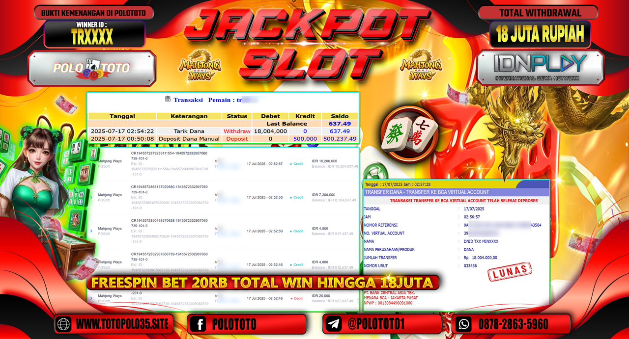 POLOTOTO JACKPOT SLOT MAHJONG WAYS Rp.18.000.000,- LUNAS