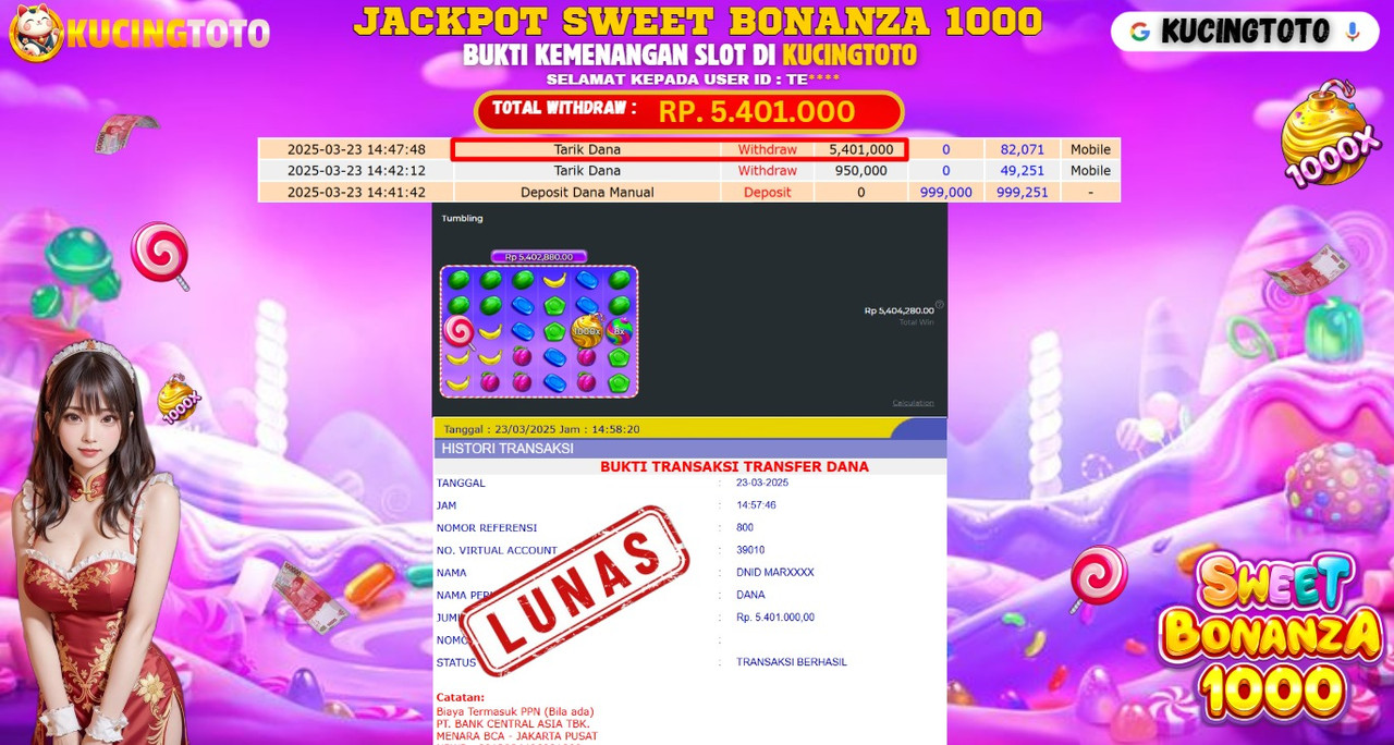 KUCINGTOTO JACKPOT SLOT SWEET BONANZA 1000 RP.5.401.000.,- LUNAS