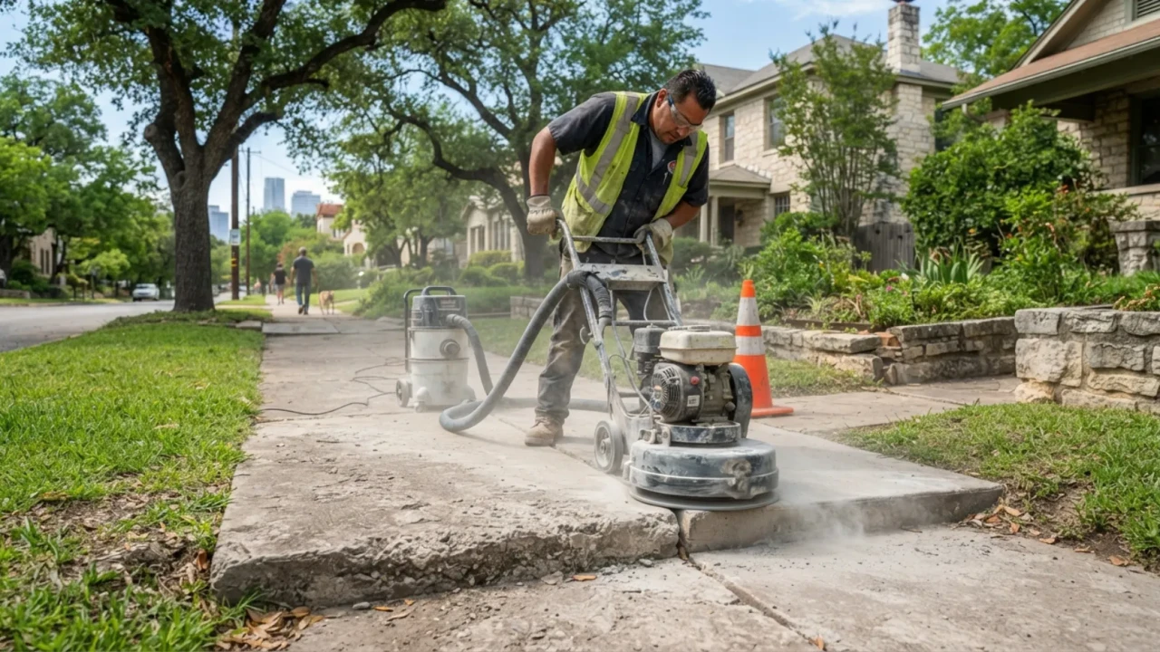 Concrete grinding tool leveling a raised sidewalk joint in San Antonio