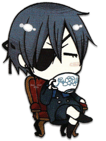 Chibi of Ciel Phantomhive sitting on a red chair as he sips tea