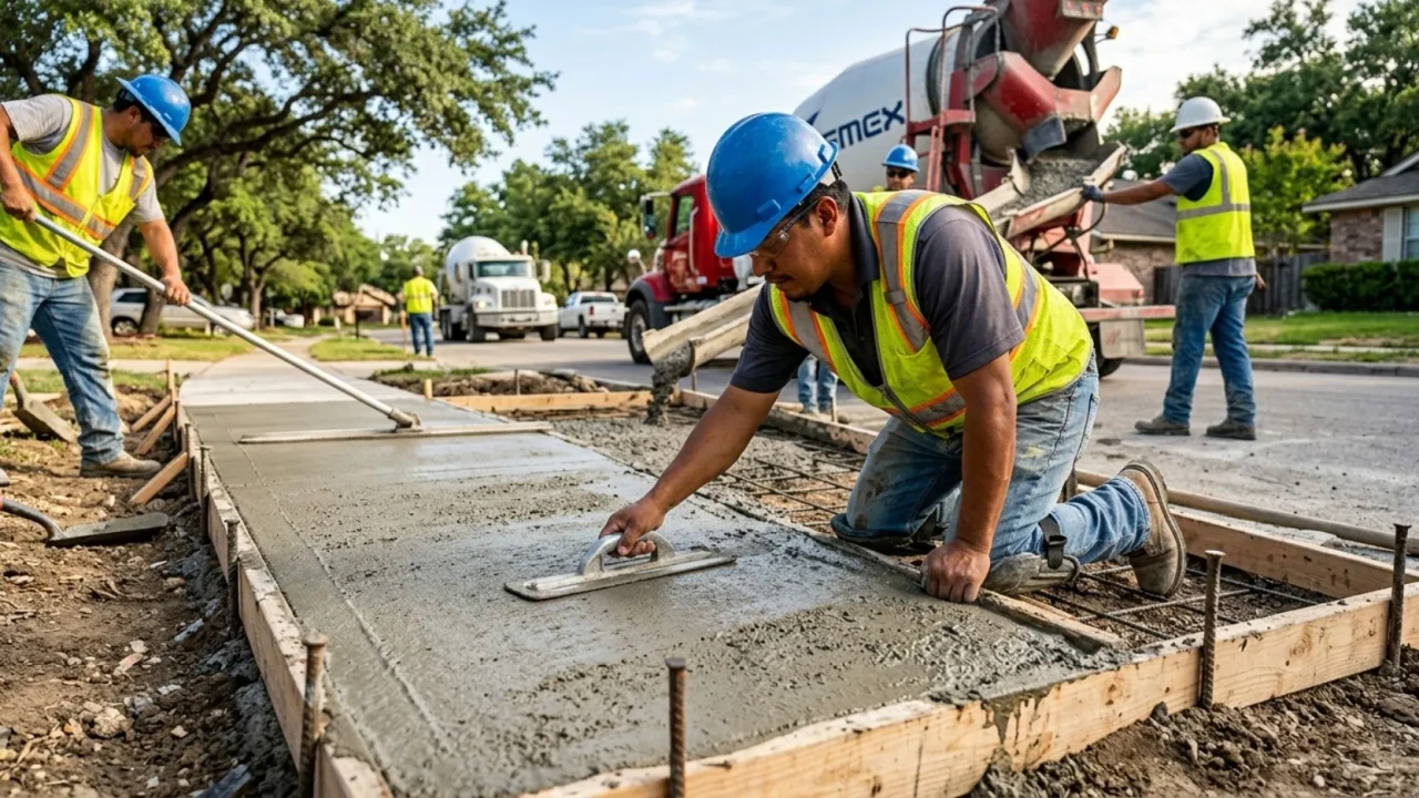 Fresh concrete sidewalk panel being poured and finished by San Antonio concrete crew