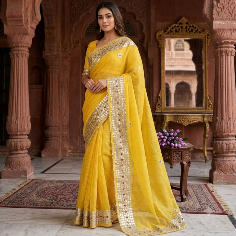 Women's Designer Kota Doria Gota Patti Saree with Aari Embroidery & Unstitched Blouse Piece