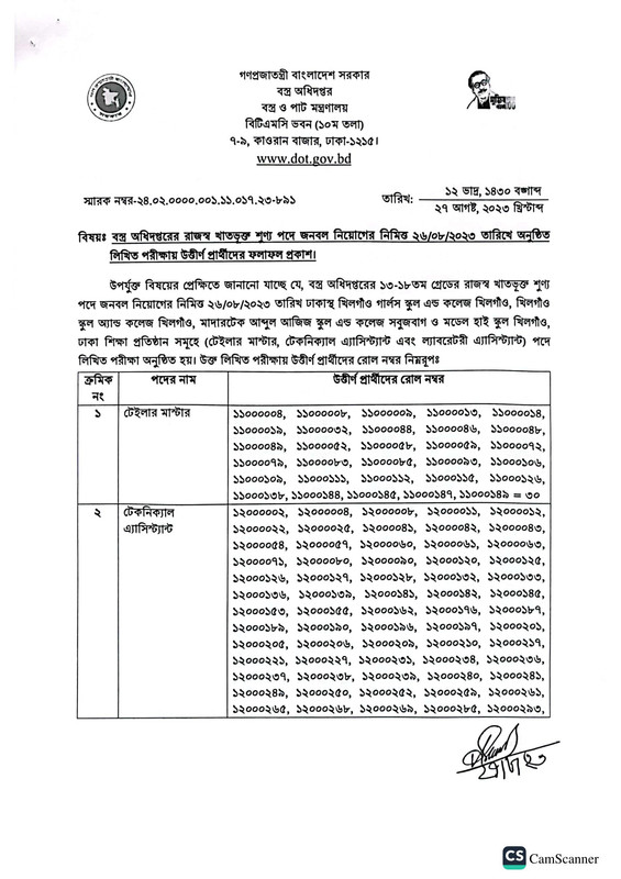 Department of Textiles (DOT) Exam  Result 2023 PDF-1