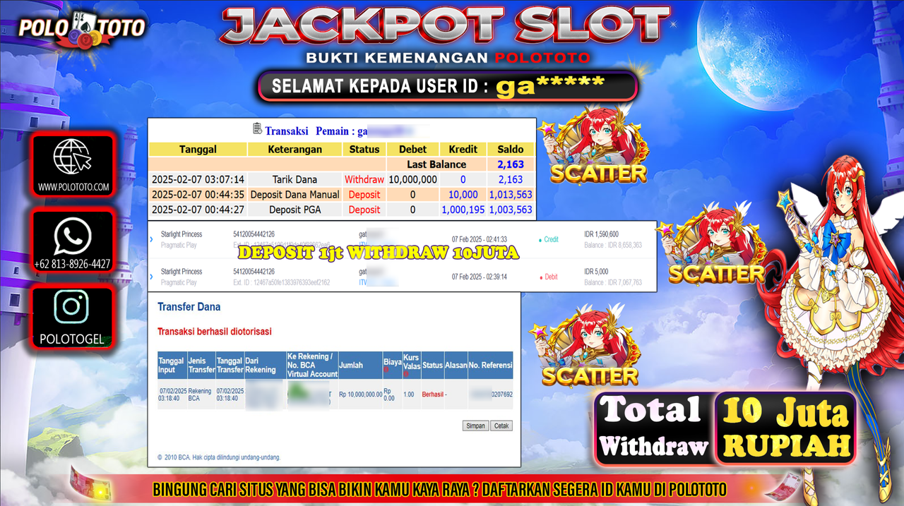 POLOTOTO JACKPOT SLOT STARLIGHT PRINCESS Rp.10,000.000,-