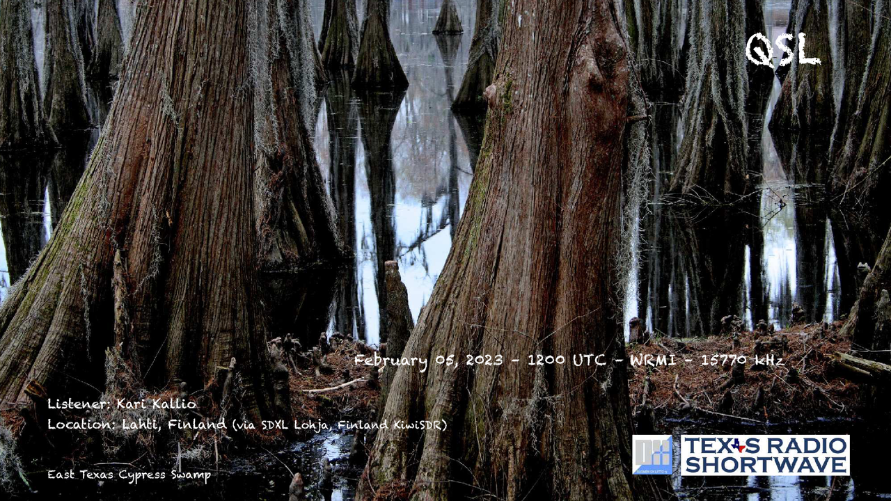 TRSW - 2023 February East Texas Cypress Swamp (15770 kHz) QSL_WRMI - Kallio-1