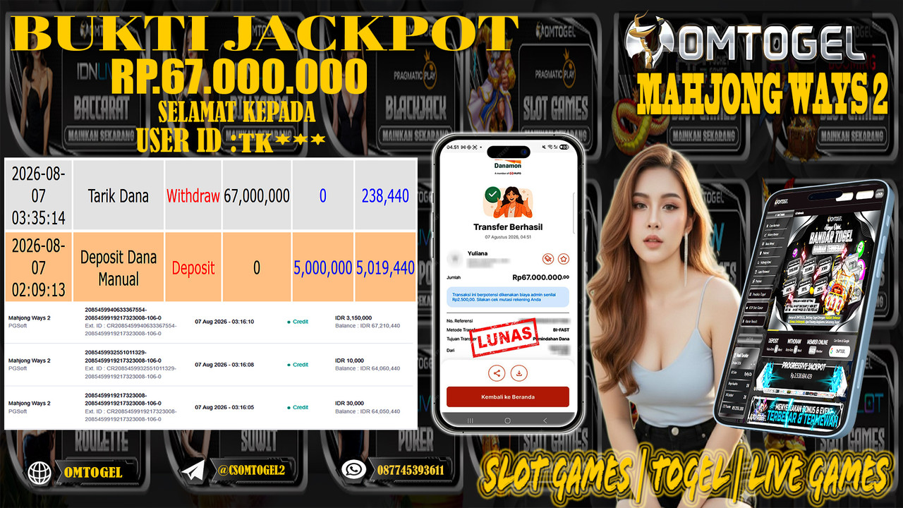 OMTOGEL JACKPOT PG SOFT MAHJONG WAYS 2 Rp,67,000,000,- DIBAYAR LUNAS