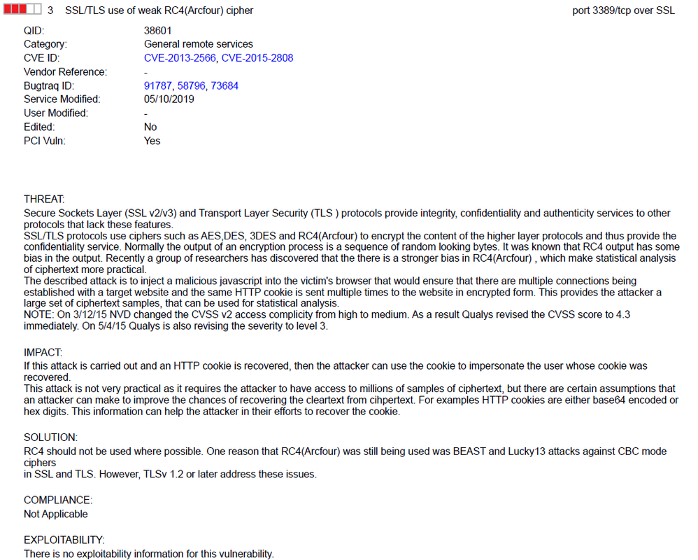 Vulnerability: SSL/TLS use of weak RC4(Arcfour) cipher port 3389/tcp over SSL