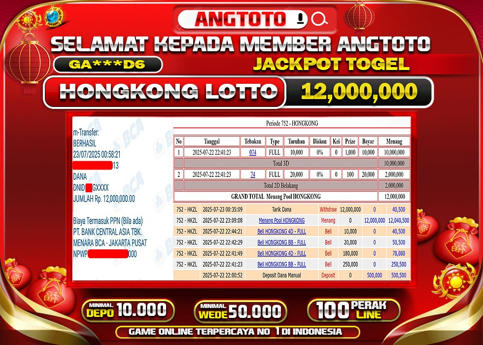 BUKTI PELUNASAN 22 JULY 2025 MENANG DI PASARAN HONGKONG LOTTO TOTAL WD 12 JUTA