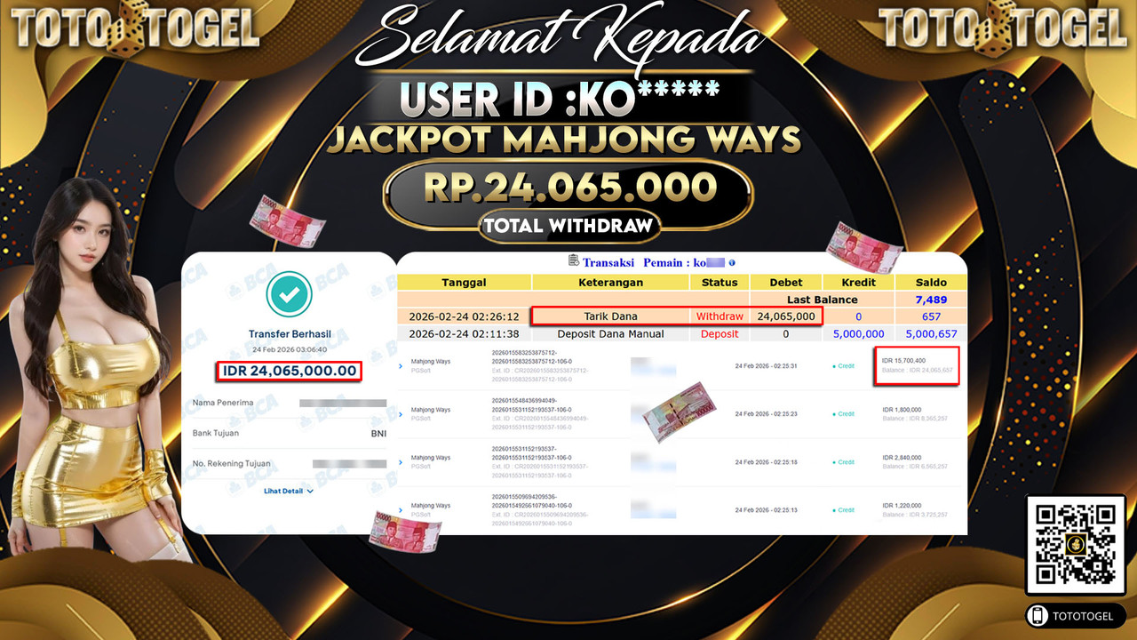 Bukti Pembayaran Jackpot Permainan Slot Mahjong Ways ID:KO*****LUNAS