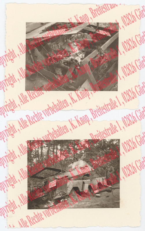 2 orig. Fotos, zerstörter Panzerspähwagen mit Nu