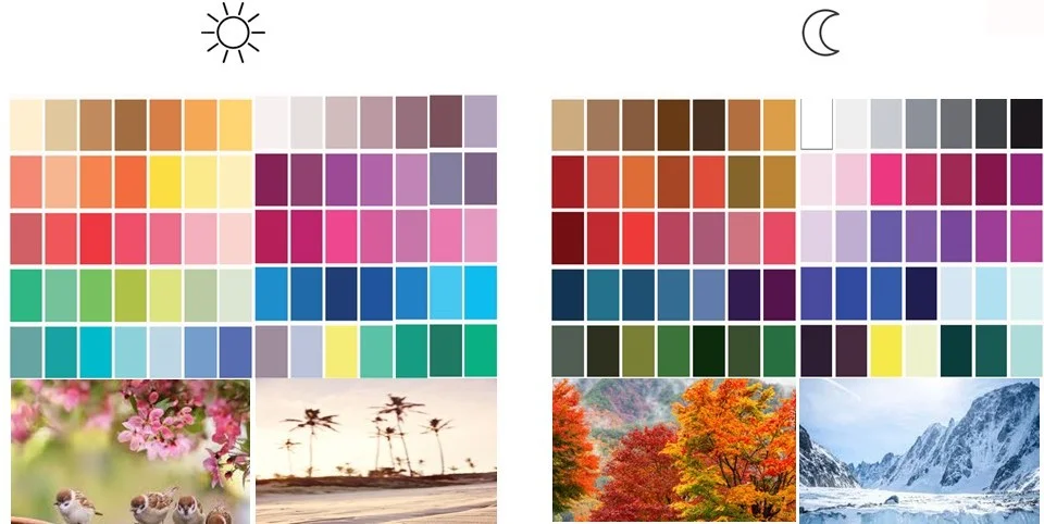 Nuancier comparatif des couleurs de colorimétrie. À gauche, la palette des Saisons Claires (Printemps Clair et Été Clair) avec des couleurs mélangées à du blanc. À droite, la palette des Saisons Profondes (Automne Profond et Hiver Profond) avec des couleurs mélangées à du noir