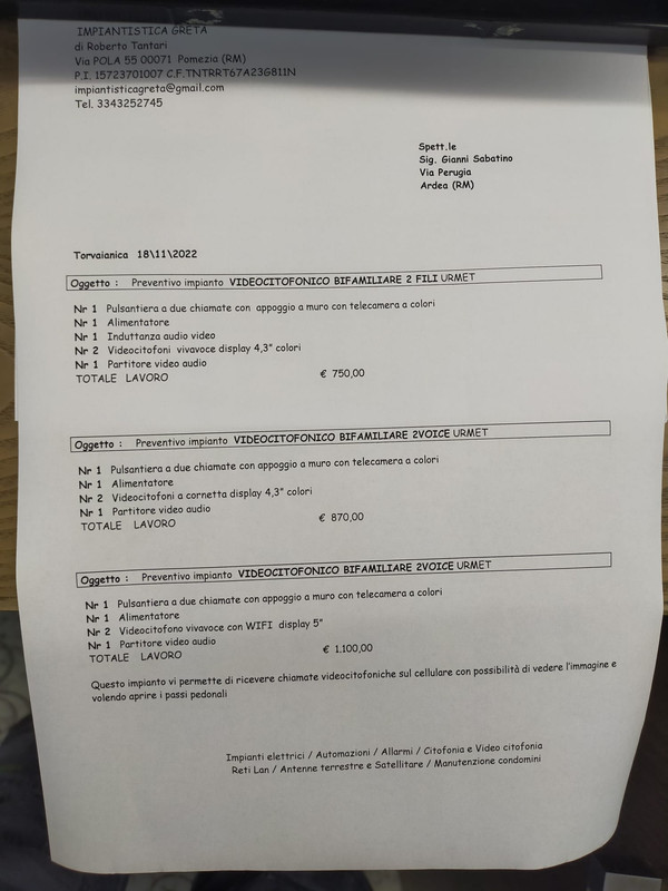 3 opzioni preventivi per nuovo impianto videocitofono