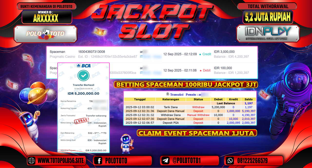 POLOTOTO JACKPOT SLOT SPACEMAN Rp.5.200.000,-