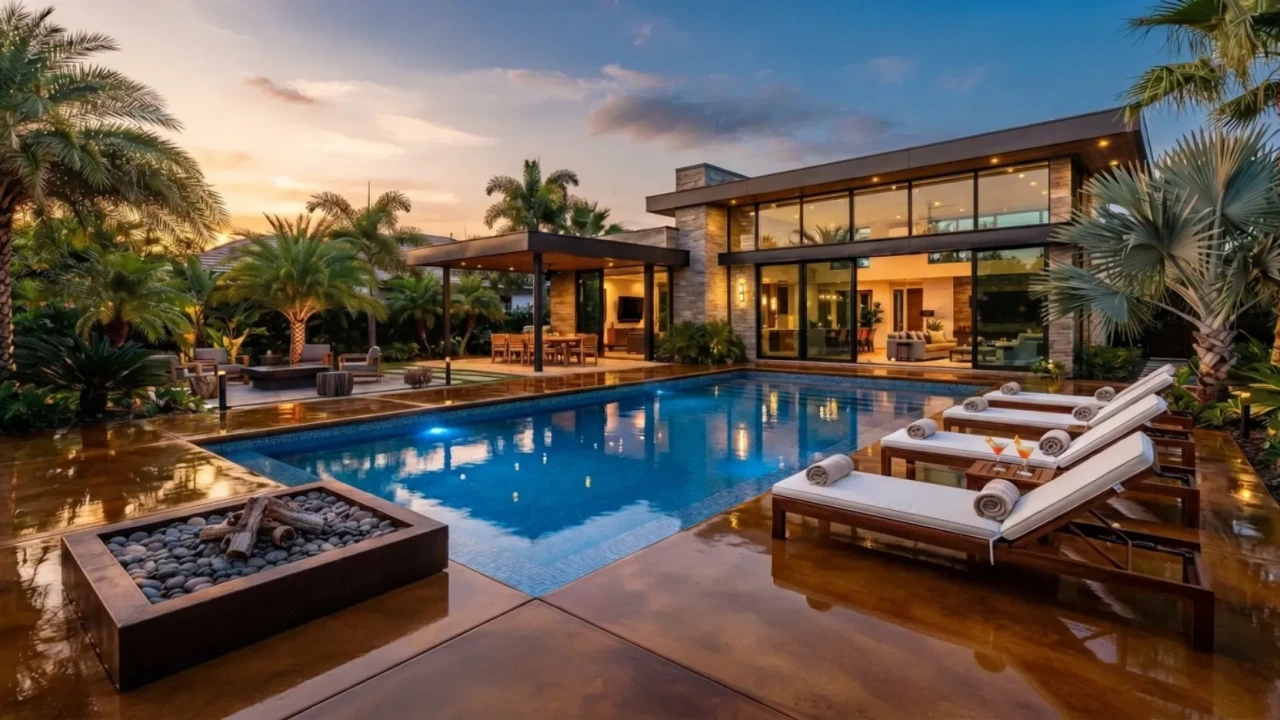 Blue swimming pool with a stained and sealed concrete deck surrounding it