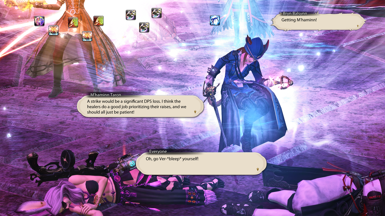 The battle goes on. The SCH is now using Swiftcast, Broil, Energy Drain, Broil, Energy Drain. The WAR continues doing Fell Cleaves, while the WHM casts another Raise. In the shot, the Red Mage is being resurrected. Text reads: Bryn Balsynn: (yelling) Getting M'haminn! M'haminn Taron: A strike would be a significant DPS loss. I think the healers do a good job prioritizing their raises, and we should all just be patient. Everyone: Oh, go Ver-*bleep* yourself!