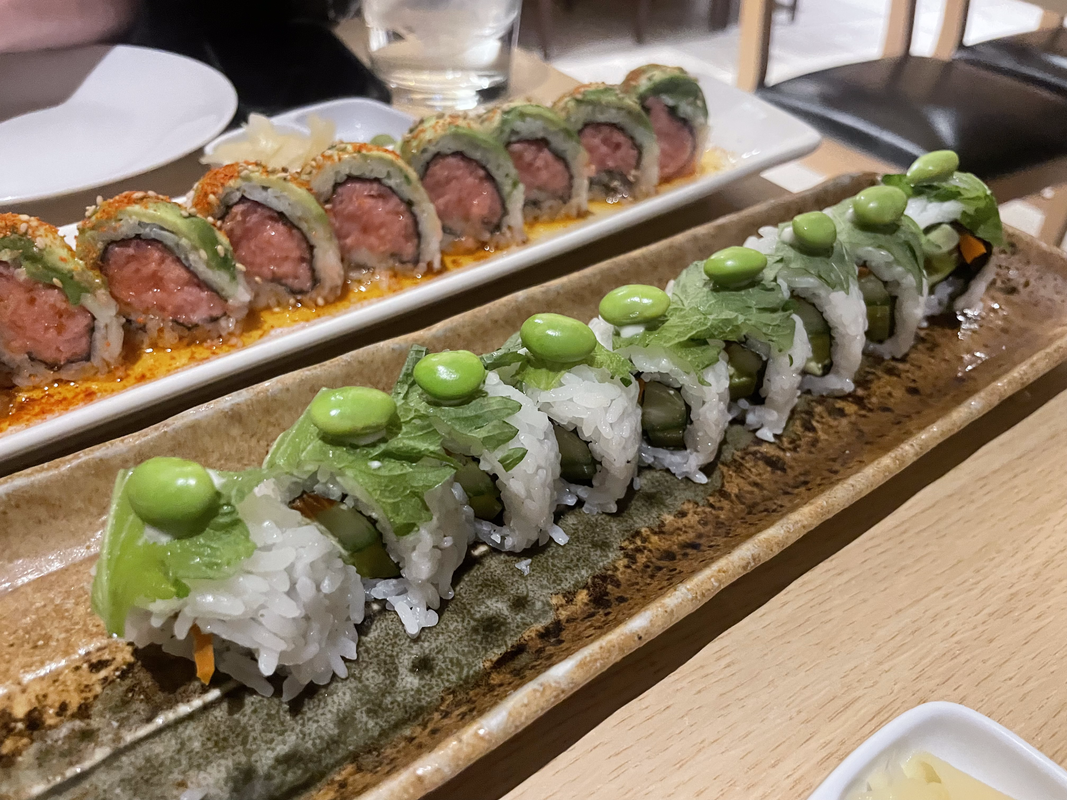 a photo of two long plates of sushi-- one with little leaves & edemame beans on top and avocado inside and another with tuna inside and avocado and sesame seeds on top. the first was called the green man and the second was called the 911!