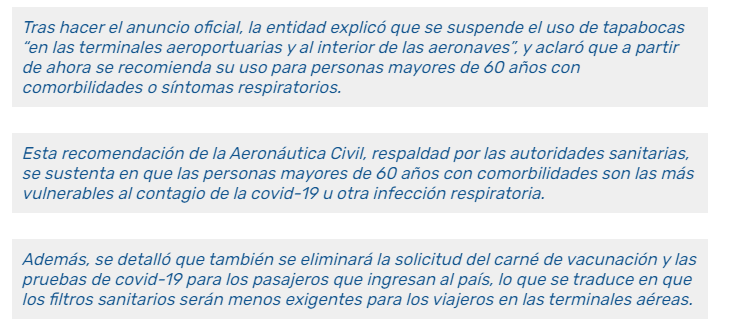 Colombia levanta los barbijos obligatorios de sus vuelos - Coronavirus en Colombia: Pruebas PCR y viajes, Cuarentena - Foro América del Sur