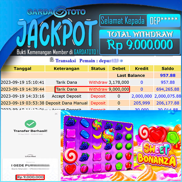 JACKPOT SLOT MAIN DI SLOT SWEET BONANZA WD Rp 9.000.000,- DIBAYAR LUNAS