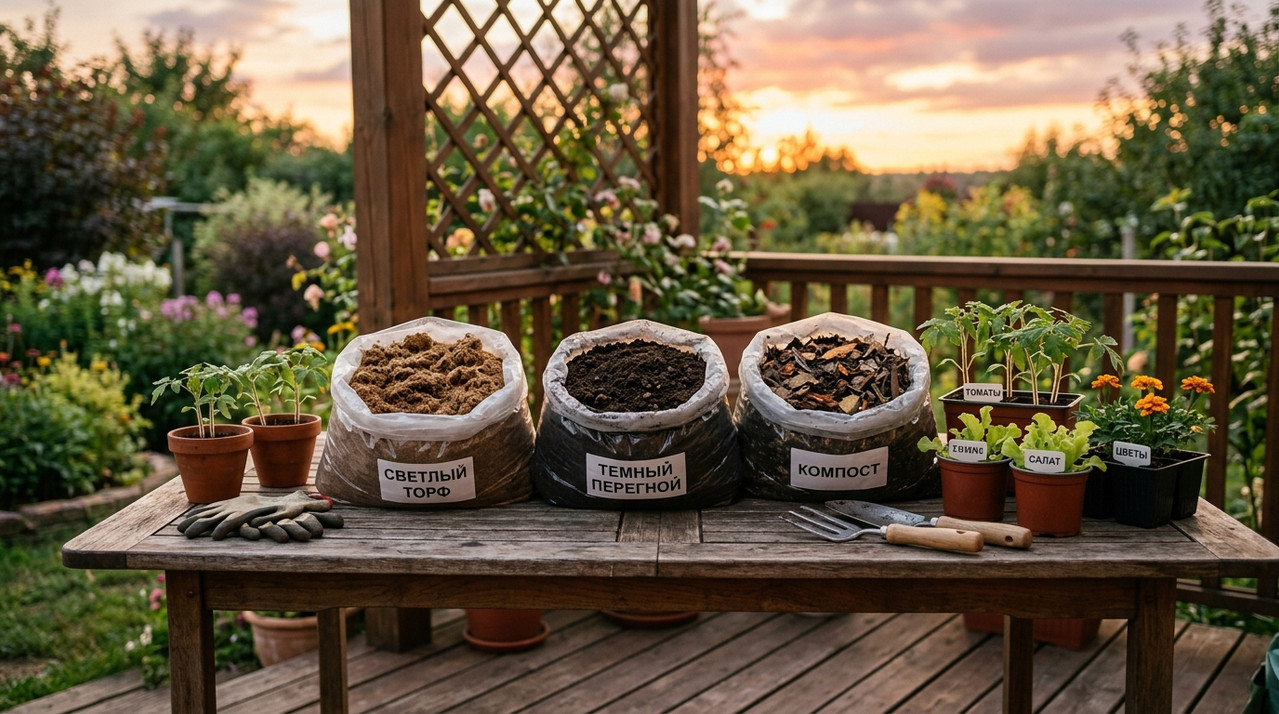 Пакеты торфа, перегноя и компоста на столе с растениями для визуального сравнения текстуtrue