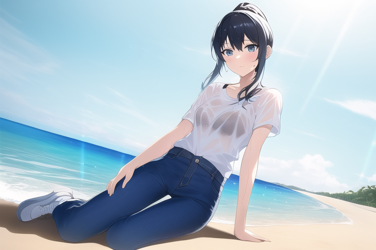 Best quality, masterpiece, small breasts, wet clothes, beautiful light, beach, s s-458956857