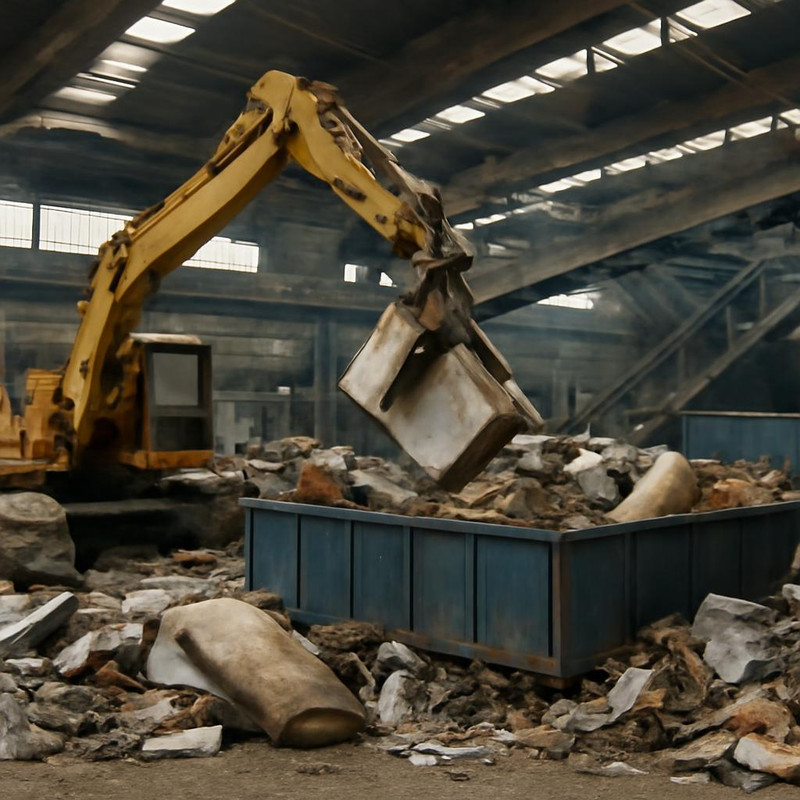 Процесс переработки крупногабаритного мусора на заводе