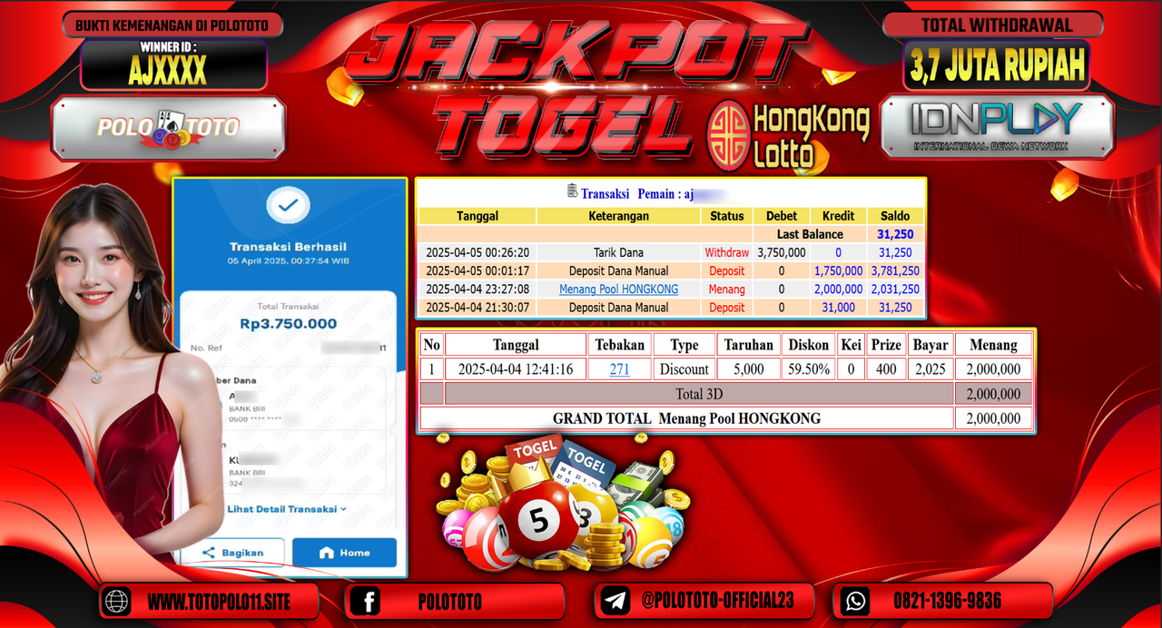 POLOTOTO JACKPOT TOGEL PASARAN HONGKONG LOTTO Rp.3.750.000,-