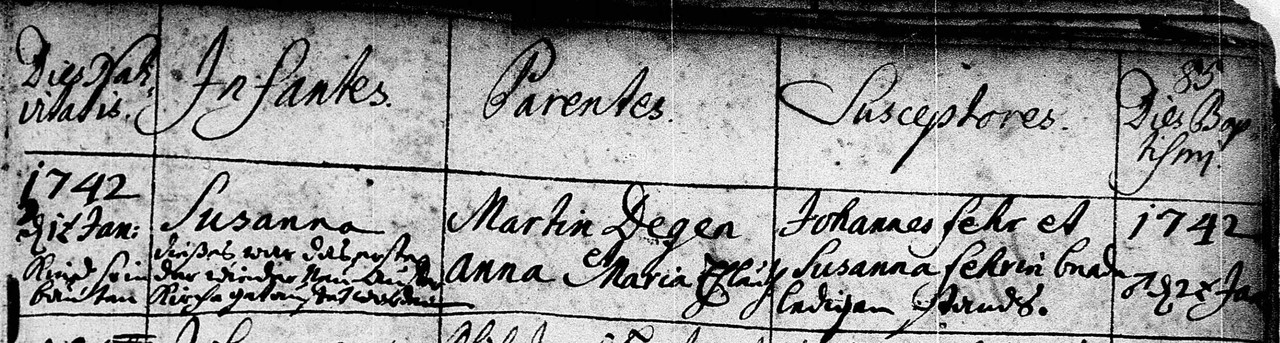 Geburt von Susanna Degen 01.01.1742. Kirchardt, Sinsheim, Baden-Würtemberg