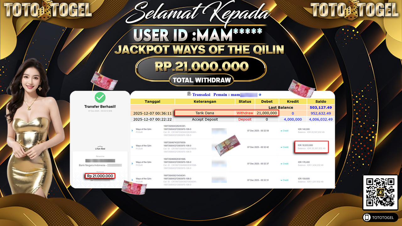 Bukti Pembayaran Jackpot Permainan Slot Ways Of The Qilin ID:MAM***** LUNAS